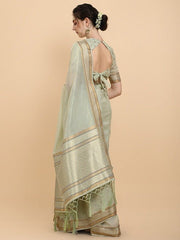 Women Green Woven Design Organza Saree with Blouse Piece