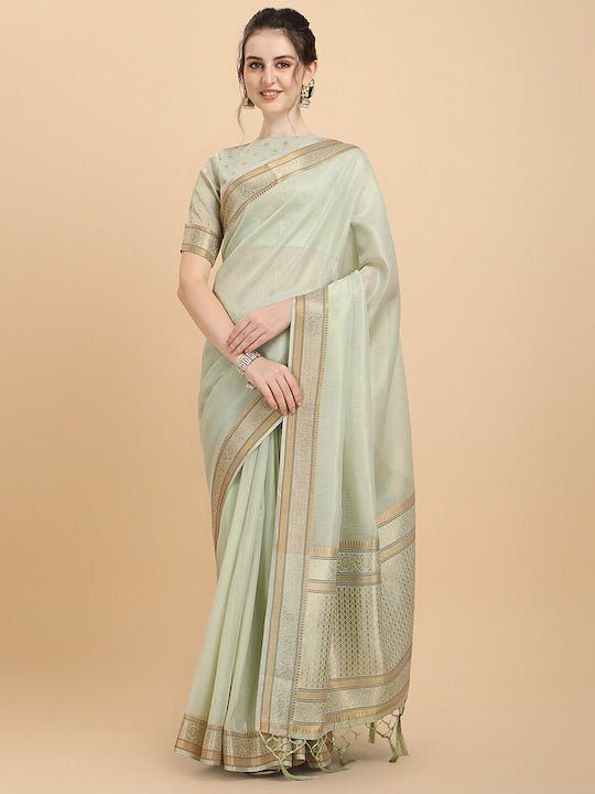 Women Green Woven Design Organza Saree with Blouse Piece