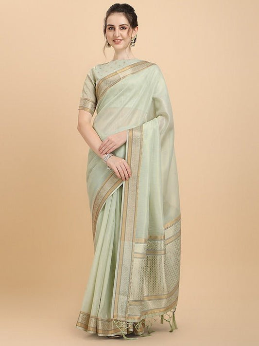 Women Green Woven Design Organza Saree with Blouse Piece