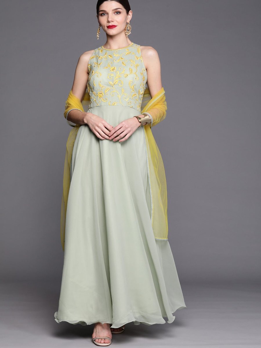 Women Green & Yellow Floral Yoke Design Georgette Anarkali Kurta with Dupatta - Inddus.com