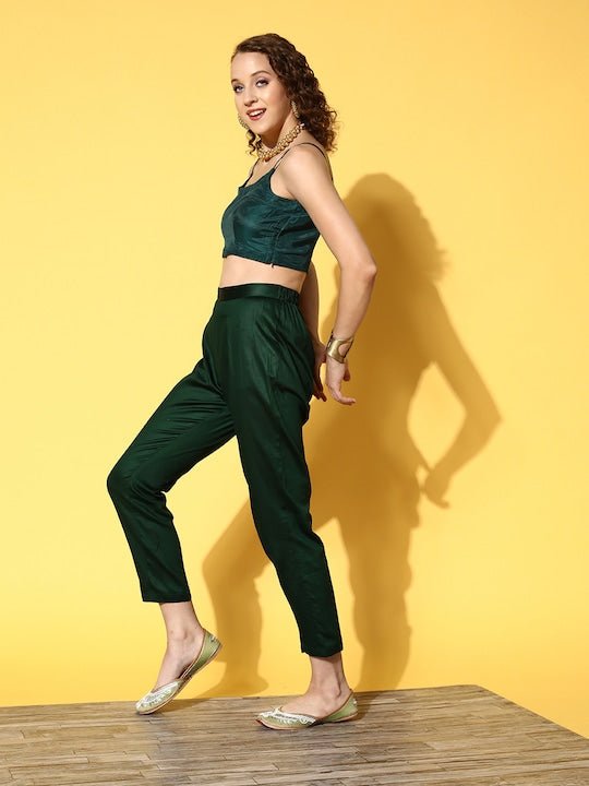 Women Green Yoke Design High Slit Sequinned Kurta with Trousers - Inddus.com