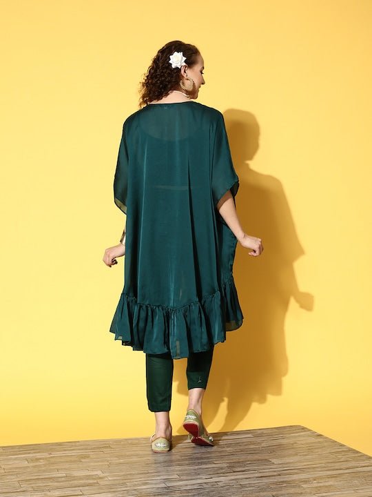 Women Green Yoke Design High Slit Sequinned Kurta with Trousers - Inddus.com