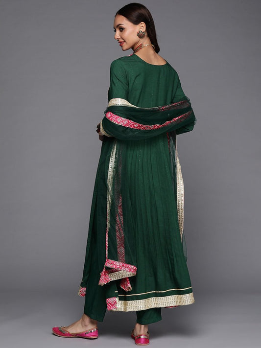 Women Green Yoke Design Pleated Sequinned Kurta with Trousers & With Dupatta - Inddus.com