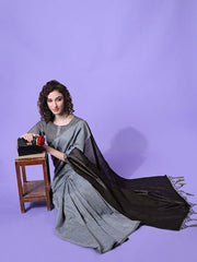 Women Grey & Black Colourblocked Sarees - Inddus.com