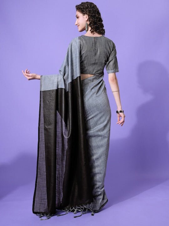 Women Grey & Black Colourblocked Sarees - Inddus.com