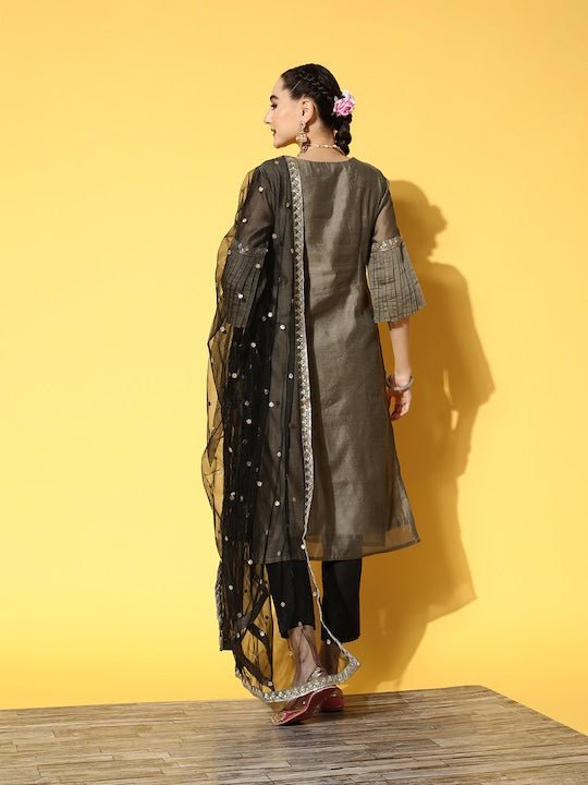 Women Grey Embroidered Chanderi Cotton Kurta with Trousers & With Dupatta - Inddus.com