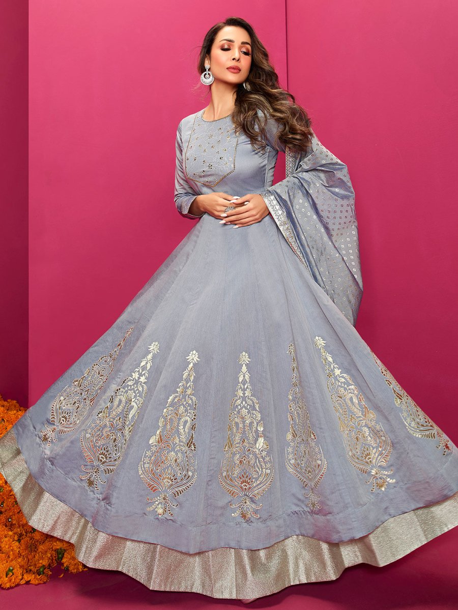 Women Grey Ethnic Motifs Grandeur & Majestic Artwork Anarkali Kurta - Inddus.com