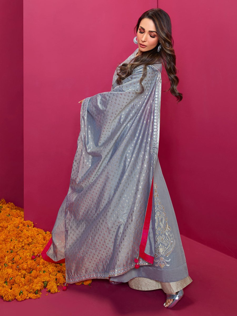 Women Grey Ethnic Motifs Grandeur & Majestic Artwork Anarkali Kurta - Inddus.com