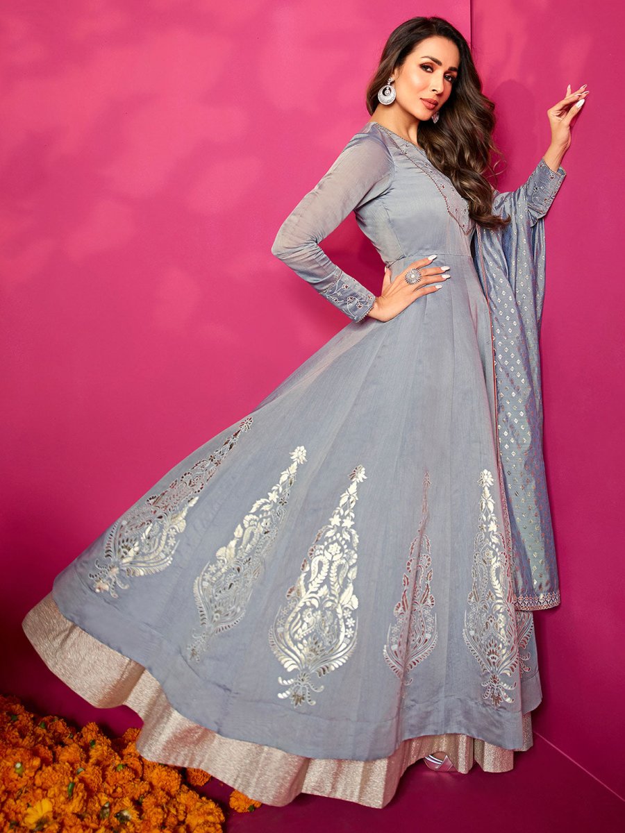 Women Grey Ethnic Motifs Grandeur & Majestic Artwork Anarkali Kurta - Inddus.com