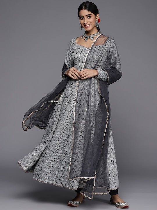 Women Grey Ethnic Motifs Kurta with Trousers & With Dupatta - Inddus.com