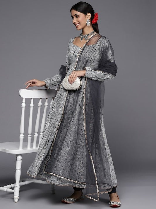 Women Grey Ethnic Motifs Kurta with Trousers & With Dupatta - Inddus.com