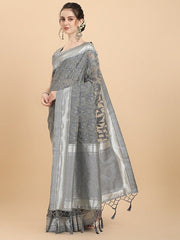 Women Grey Floral Woven Design Saree with Blouse Piece - Inddus.com