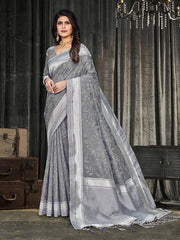 Women Grey Floral Woven Design Saree with Blouse Piece - Inddus.com