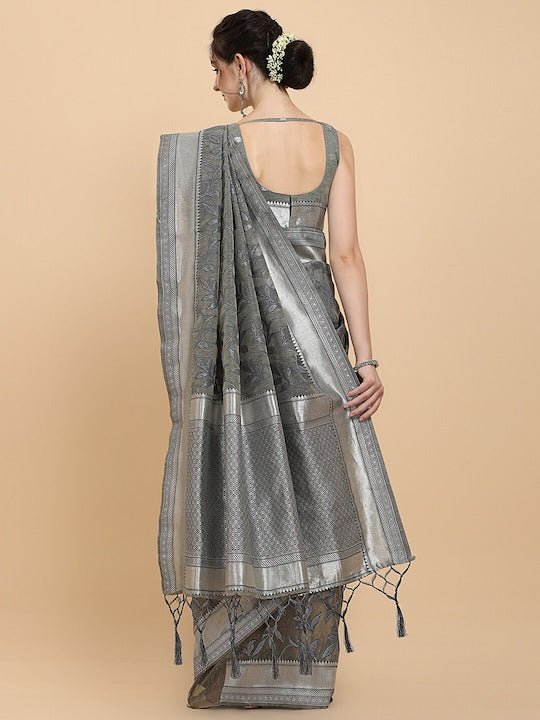 Women Grey Floral Woven Design Saree with Blouse Piece - Inddus.com