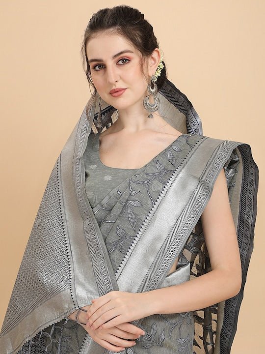 Women Grey Floral Woven Design Saree with Blouse Piece - Inddus.com