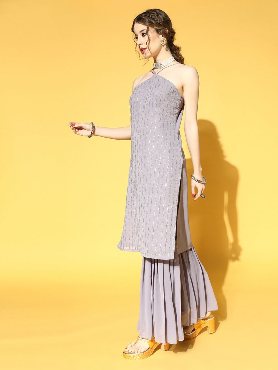 Women Grey Sequinned Kurta with Sharara & Dupatta - Inddus.com