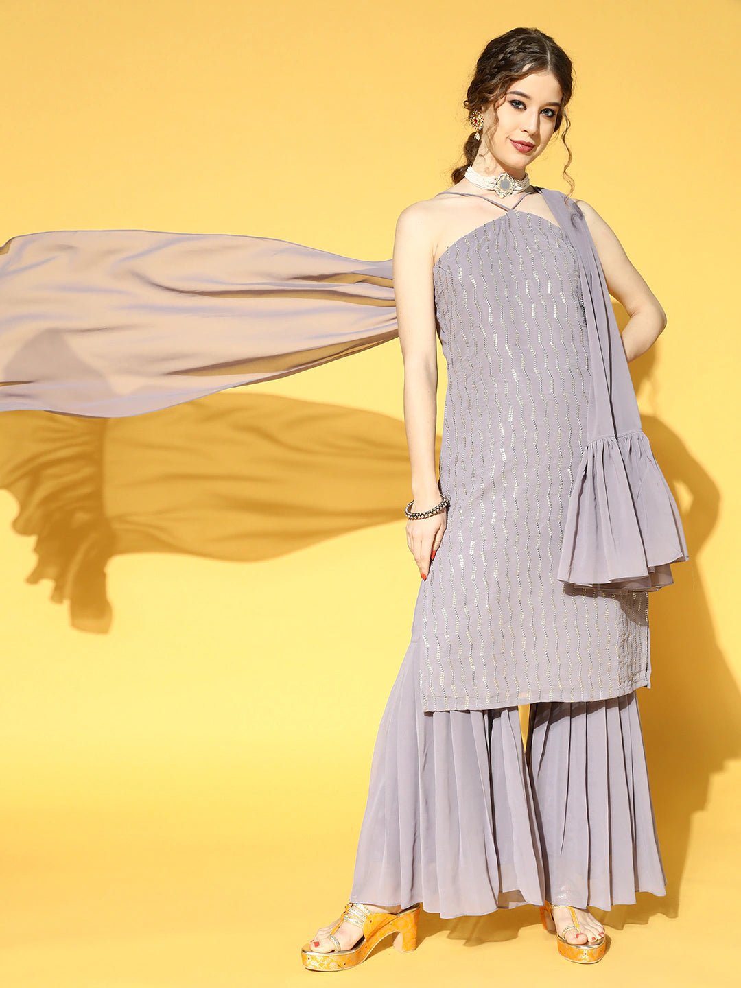 Women Grey Sequinned Kurta with Sharara & Dupatta - Inddus.com