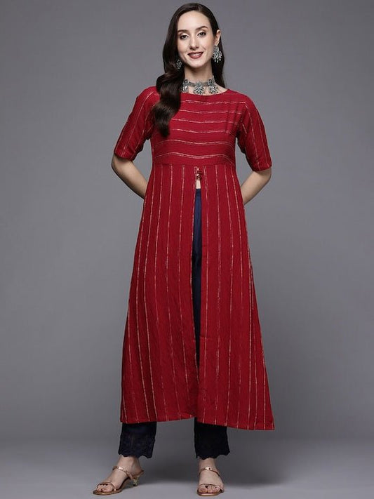 Women High Slit Woven Design Kurta - Inddus.com