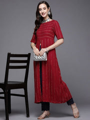 Women High Slit Woven Design Kurta - Inddus.com