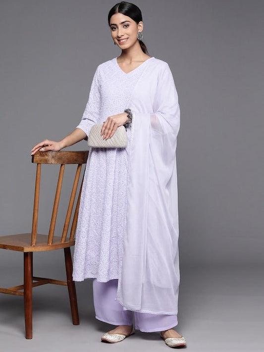 Women Lavender Embroidered Chikankari Kurta with Palazzos & With Dupatta - Inddus.com