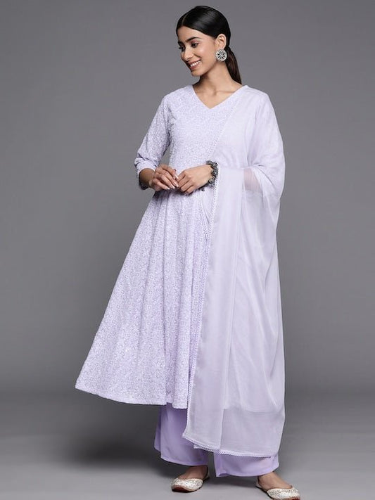 Women Lavender Embroidered Chikankari Kurta with Palazzos & With Dupatta - Inddus.com