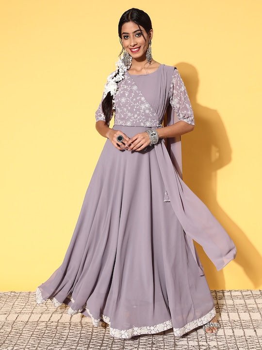 Women Lavender Floral Embroidered Tie up Kurta with Dupatta - Inddus.com