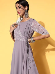 Women Lavender Floral Embroidered Tie up Kurta with Dupatta - Inddus.com