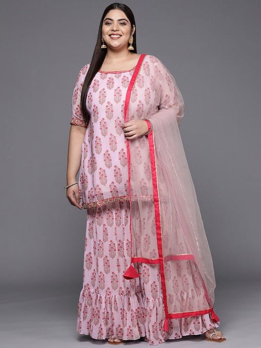 Women Lavender Floral Printed Kurta with Sharara & With Dupatta - Inddus.com