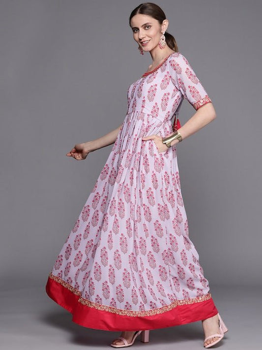 Women Lavender & Pink Ethnic Motifs Printed Georgette Anarkali Kurta With Dupatta - Inddus.com