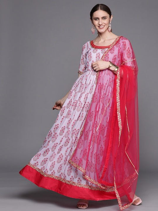 Women Lavender & Pink Ethnic Motifs Printed Georgette Anarkali Kurta With Dupatta - Inddus.com