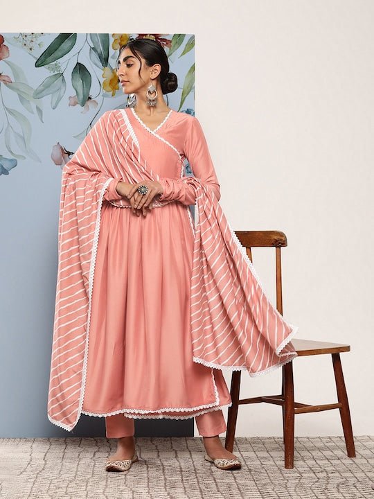 Women Leheriya Angrakha Kurta With Trousers & Dupatta - Inddus.com