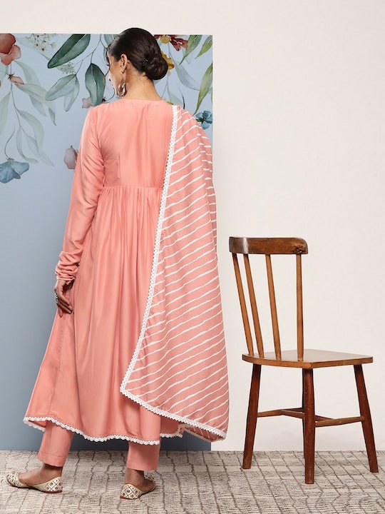 Women Leheriya Angrakha Kurta With Trousers & Dupatta - Inddus.com