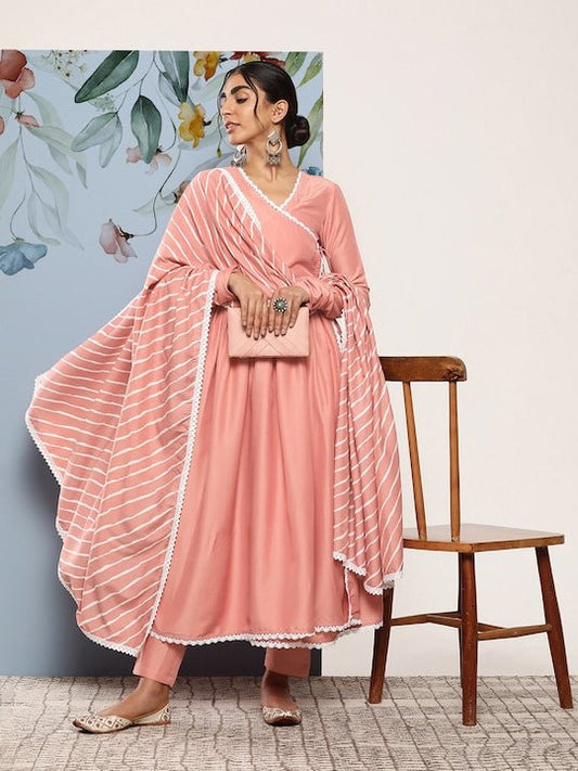 Women Leheriya Angrakha Kurta With Trousers & Dupatta - Inddus.com