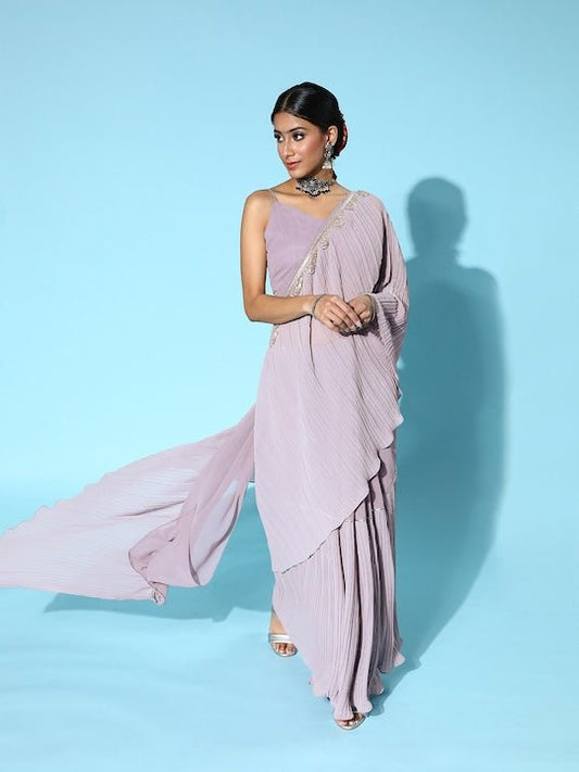 Women Lilac Solid Accordian Pleated Saree with Embellished Detail - Inddus.com