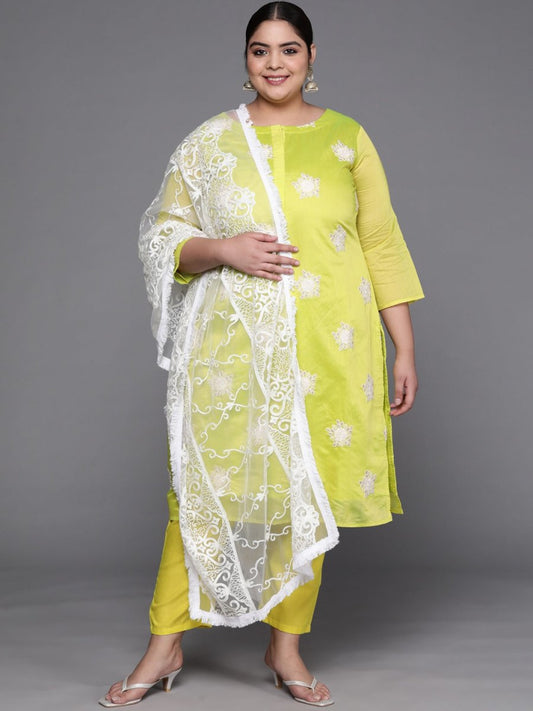 Women Lime Green Floral Embroidered Kurta with Trousers & Dupatta - Inddus.com