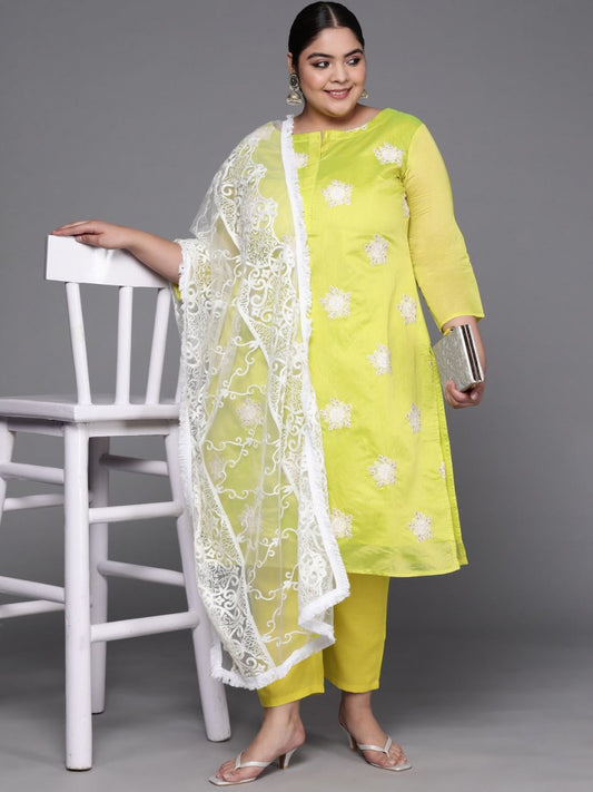 Women Lime Green Floral Embroidered Kurta with Trousers & Dupatta - Inddus.com