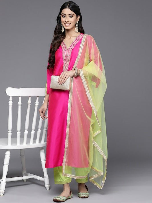 Women Magenta Ethnic Motifs Yoke Design Kurta with Salwar & With Dupatta - Inddus.com