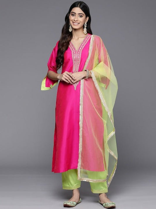 Women Magenta Ethnic Motifs Yoke Design Kurta with Salwar & With Dupatta - Inddus.com