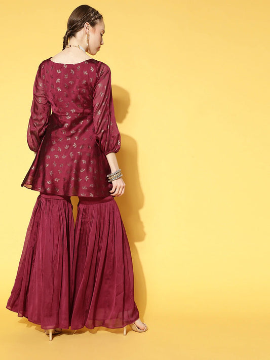 Women Magenta Floral Printed Empire Kurti With Sharara - Inddus.com