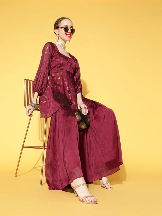 Women Magenta Floral Printed Empire Kurti With Sharara - Inddus.com