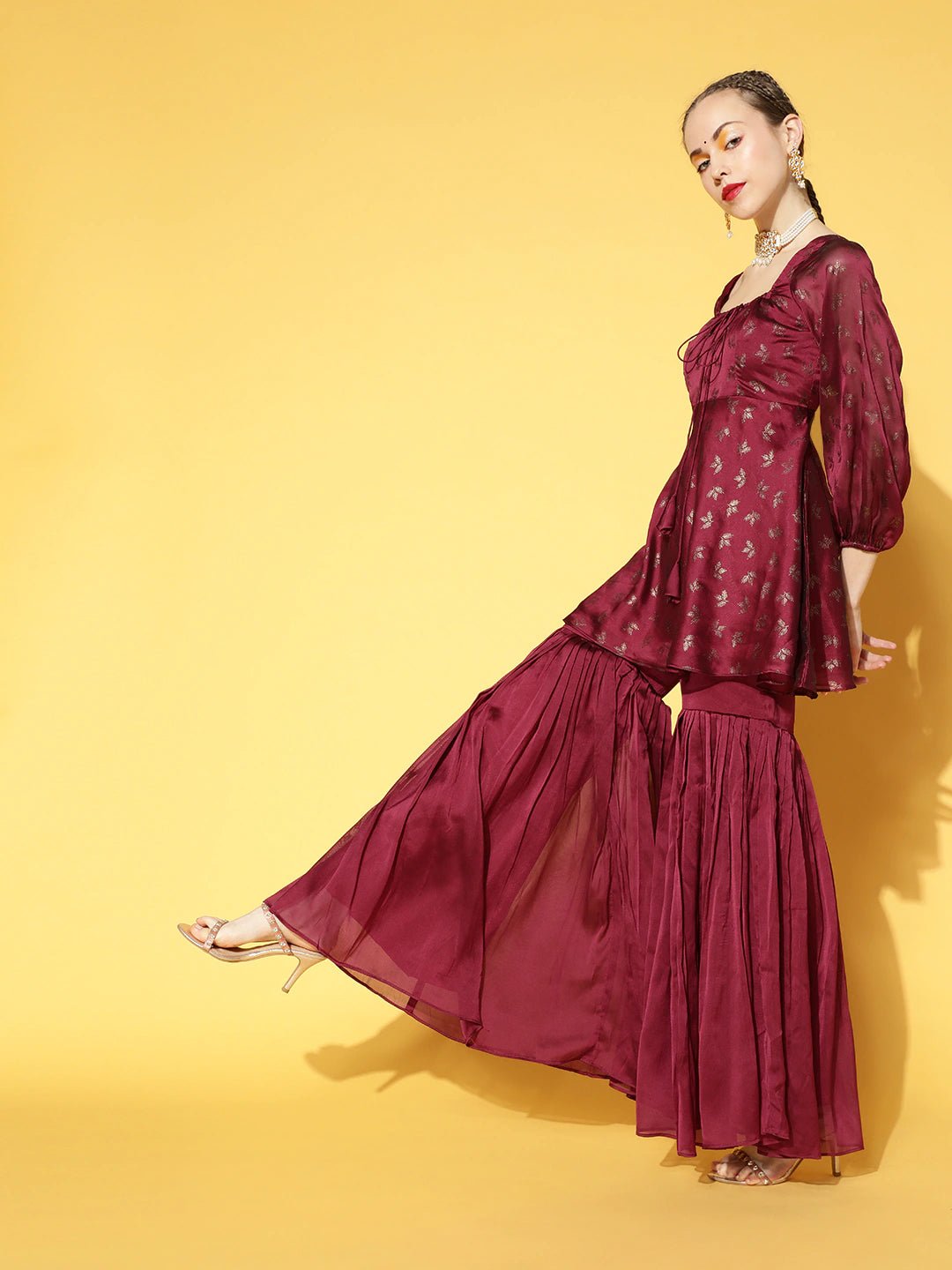 Women Magenta Floral Printed Empire Kurti With Sharara - Inddus.com