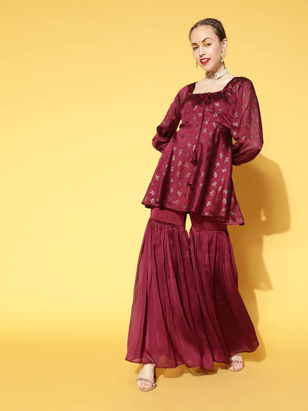 Women Magenta Floral Printed Empire Kurti With Sharara - Inddus.com