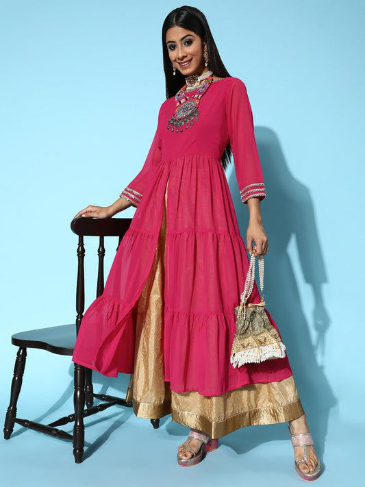 Women Magenta Georgette Swirling Volume Kurta - Inddus.com