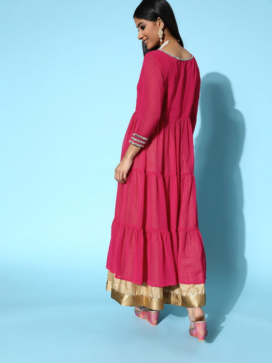 Women Magenta Georgette Swirling Volume Kurta - Inddus.com