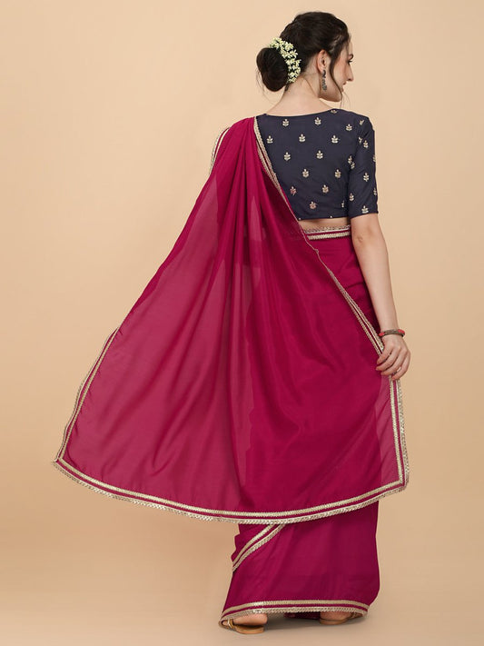 Women Magenta Pink and Wine Embroidered Silk Blend Saree with Blouse Piece - Inddus.com