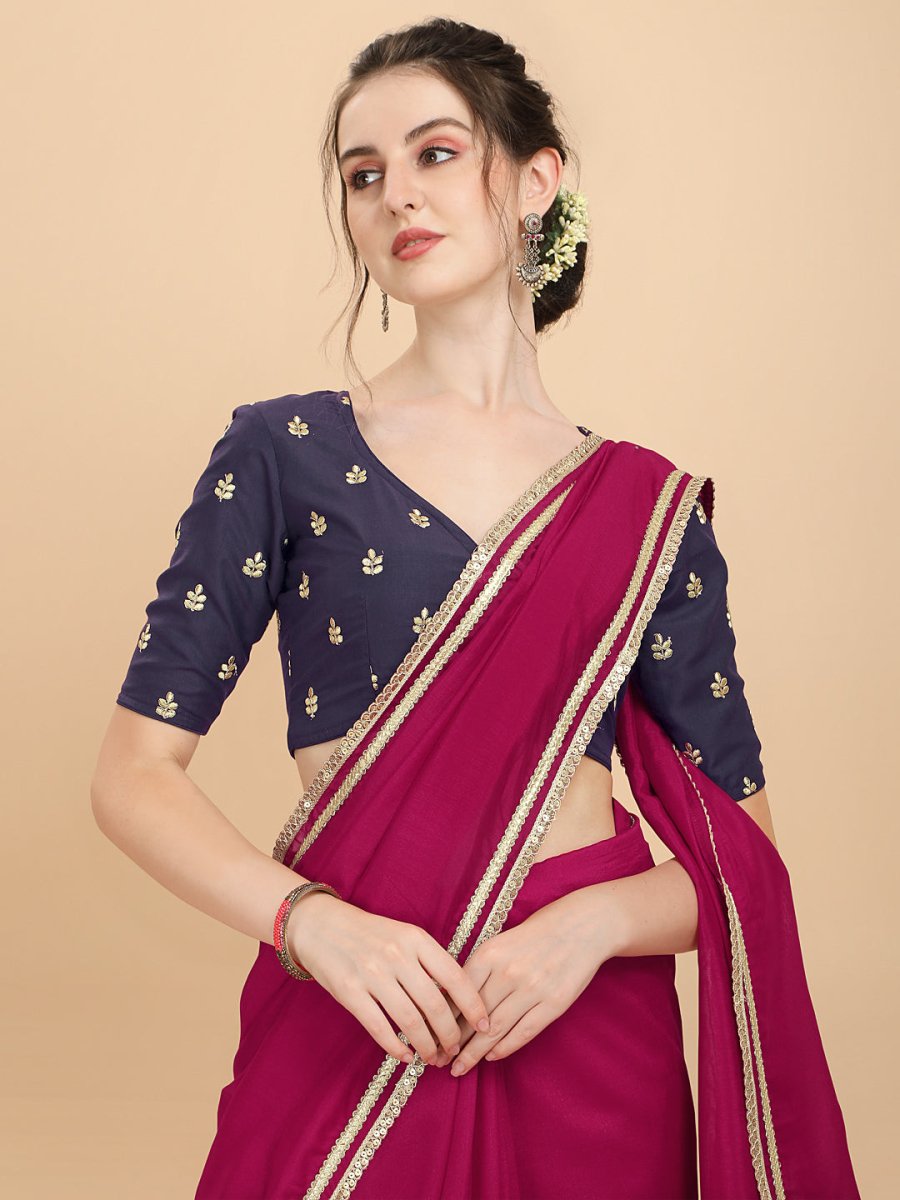 Women Magenta Pink and Wine Embroidered Silk Blend Saree with Blouse Piece - Inddus.com