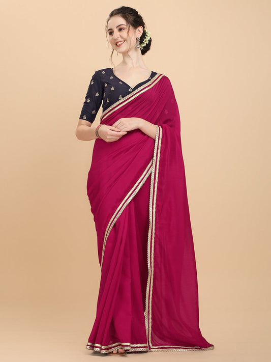 Women Magenta Pink and Wine Embroidered Silk Blend Saree with Blouse Piece - Inddus.com