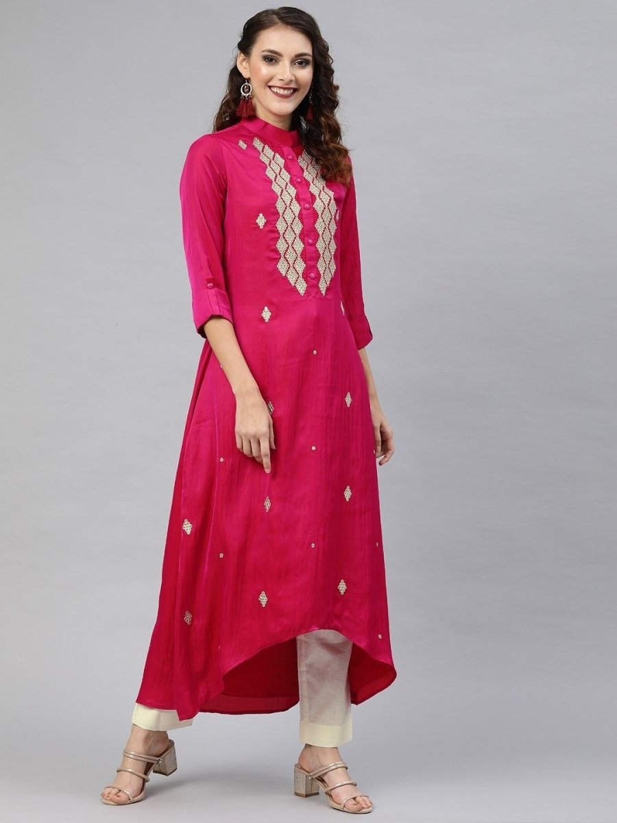 Women Magenta Pink Embroidered Kurta Set - inddus-us