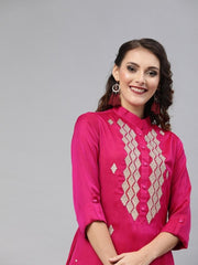 Women Magenta Pink Embroidered Kurta Set - inddus-us