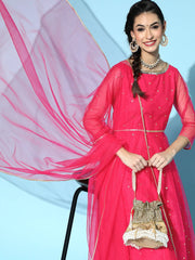 Women Magenta Pink Floral Embroidered Pleated Sequinned Net Kurta with Trousers - Inddus.com